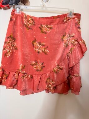 Floral Ruffle Wrap Mini Skirt - Coral